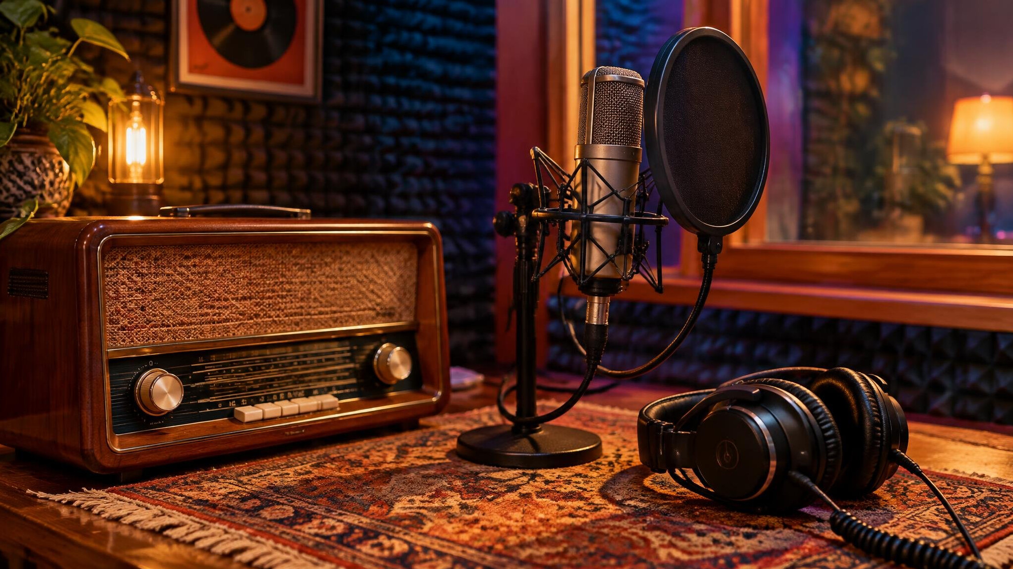 Vintage radio with microphone in a recording studio
