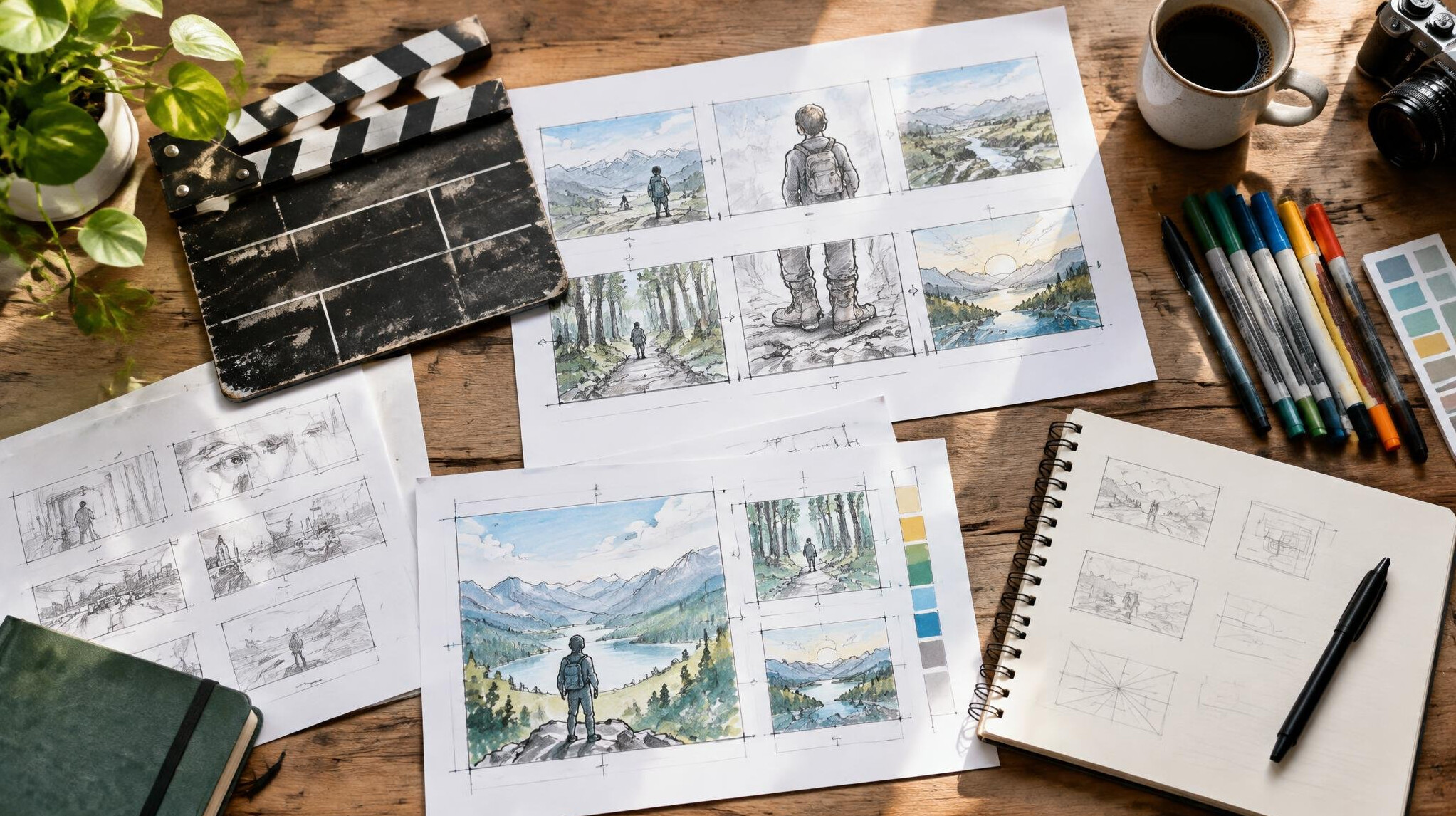 Editorial desk with storyboards, sketches and colored markers