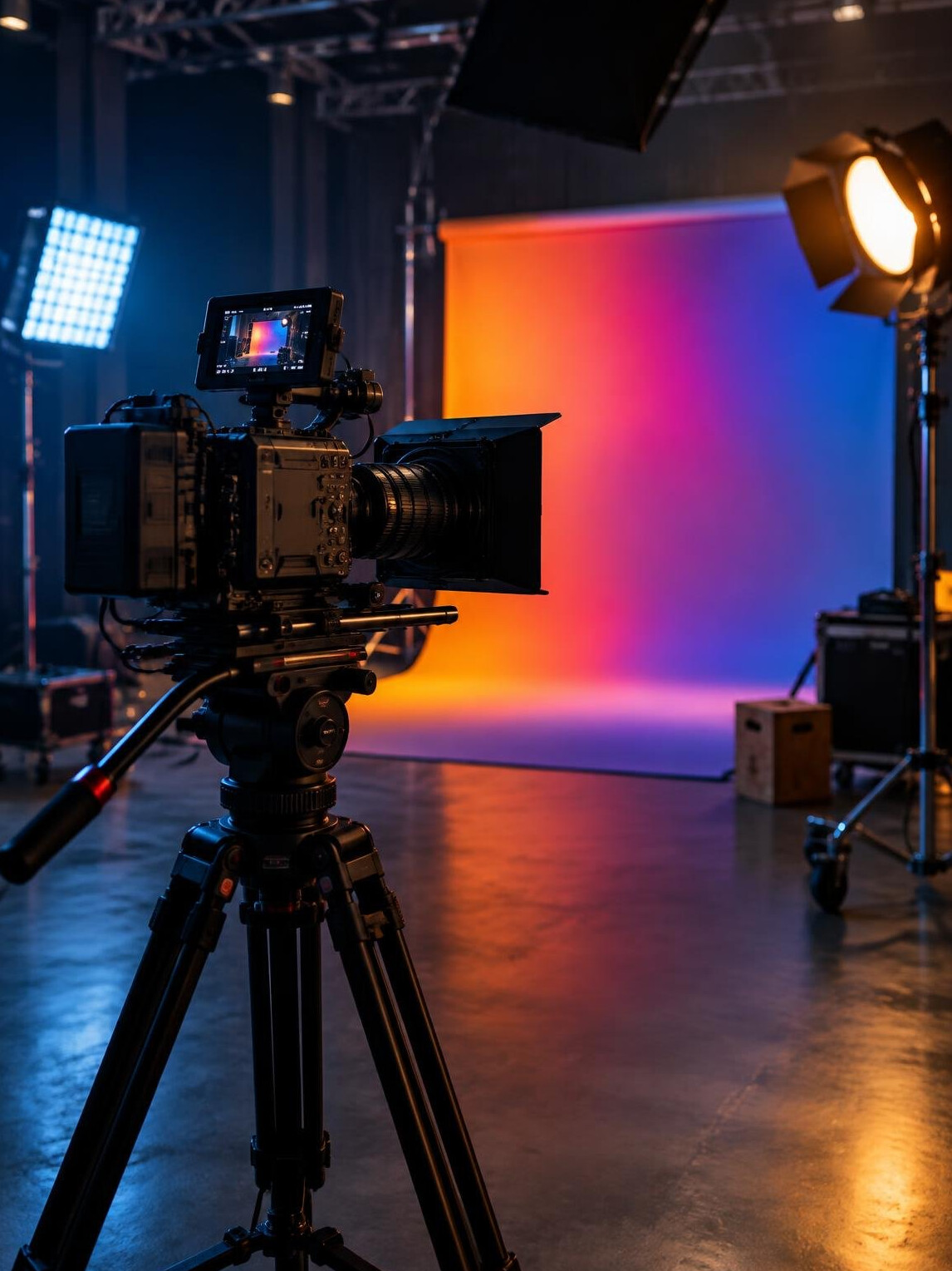 Film camera on a tripod in a commercial production studio